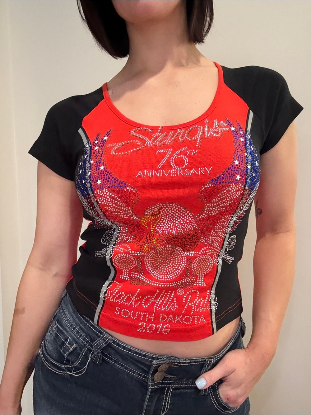 Vance Bikewear Orange & Black Sturgis Bike Rally 2016 Embellished Raglan Tee S